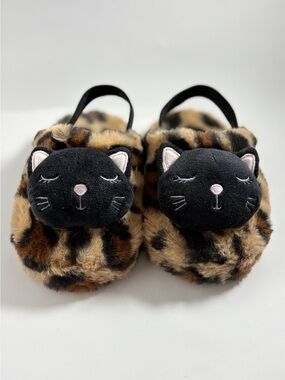 Toddler Faux Fur Leopard Black Cat Slippers Elastic Slingback Size M 7/8